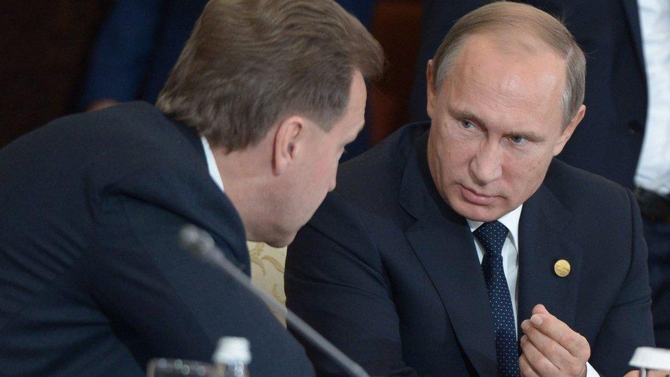 Russian President Vladimir Putin speaks with Russian First Deputy Prime Minister Igor Shuvalov during an expanded meeting of the CIS (Commonwealth of Independent States) Council of Heads of State in the village of Burabai, Kazakhstan.