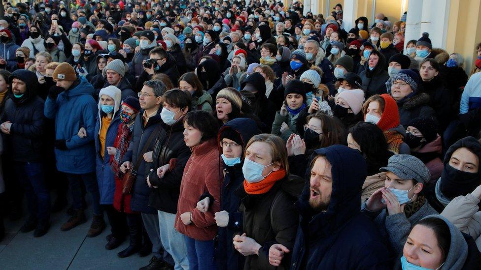 Protesters in Russia form a large crowd on the streets of St. Petersburg