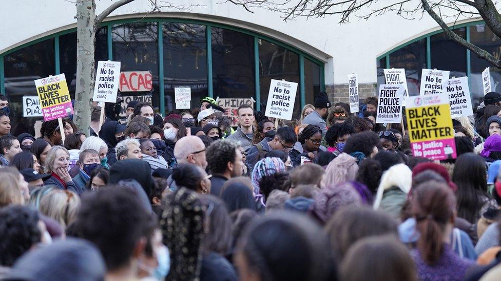 People outside Stoke Newington Police Station in London, over the treatment of a black 15-year-old schoolgirl who was strip-searched by police while on her period. The secondary school pupil - referred to as Child Q - has launched civil proceedings against the Metropolitan Police over the search by two female officers, without another adult present, in 2020.