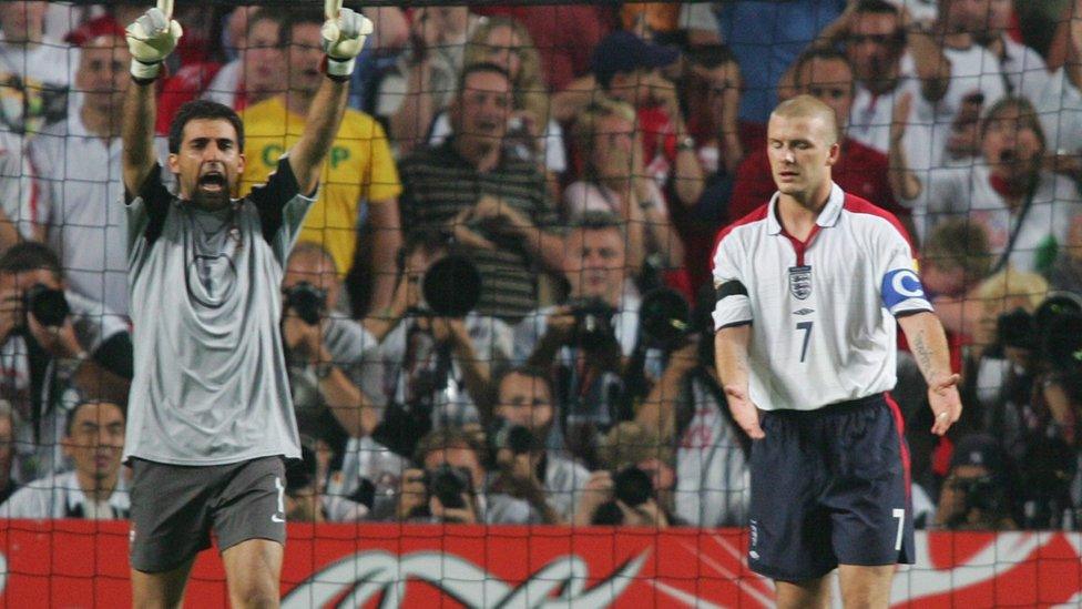 David Beckham misses a penalty against Portugal.