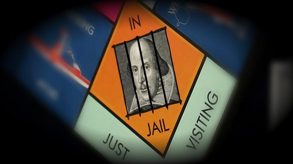 A composite image showing Shakespeare inside the Monopoly 'jail' square