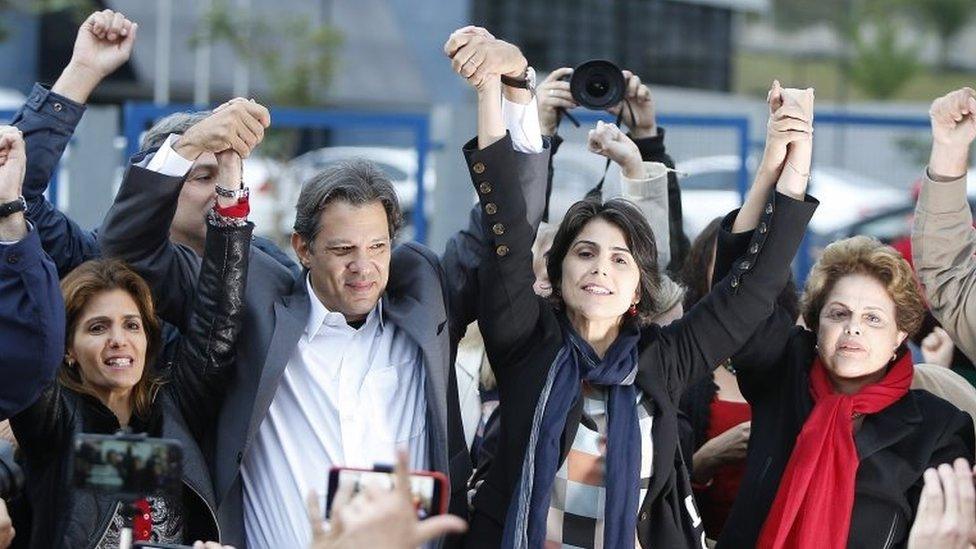 Ana Estela Haddad, Fernando Haddad, Manuela D'Avila and former President Dilma Rousseff participate in the announcement of Fernando Haddad as the Workers' Party's new candidate