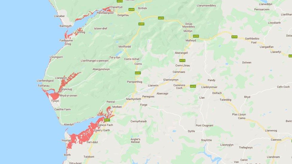 Map yn dangos ardal arfordir Ynys Las, Tywyn a Friog petai'r mor yn codi 0.5m