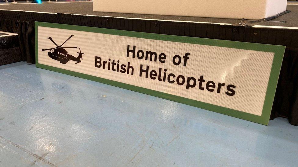 Sign reading 'Home of British Helicopters'