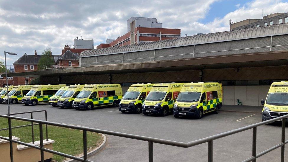 Ambulances parked outside Leicester Royal Infirmary