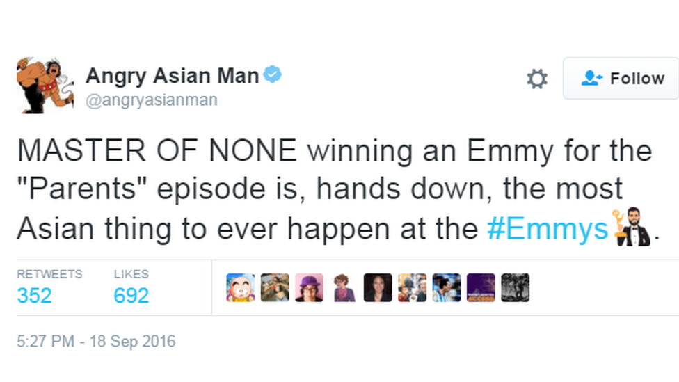 "Master of None winning an Emmy for the Parents episode is, hands down, the most Asian thing to ever happen at the Emmys"