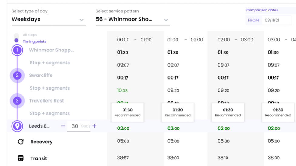 A page from Prospective's bus timetabling software