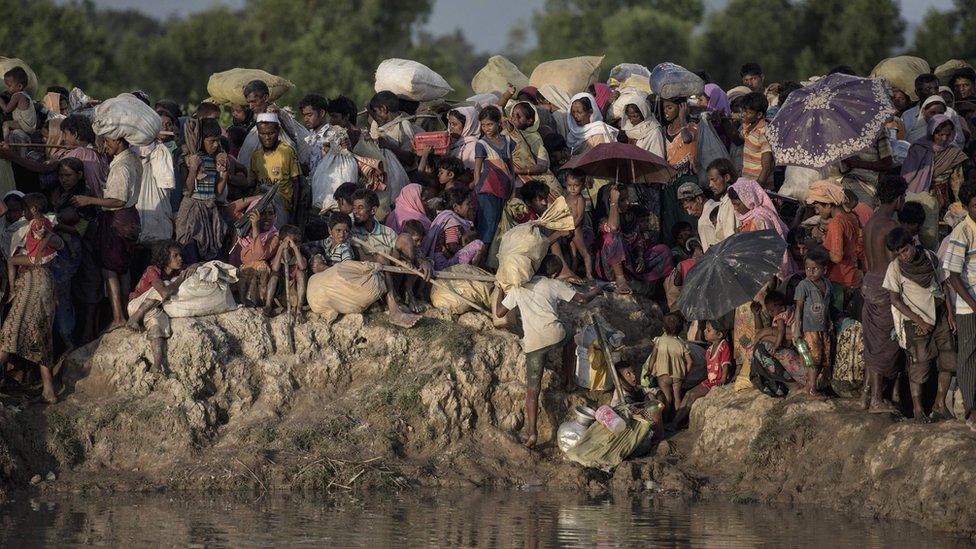 Rohingya refugees fleeing from Myanmar arrive at the Bangladesh border, 10 October 2017