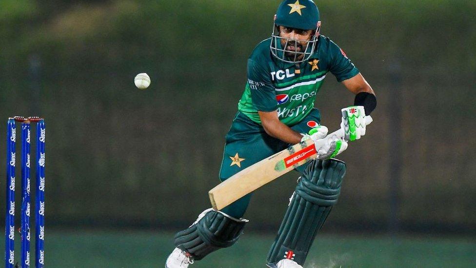 Pakistan's captain Babar Azam plays a shot during the second one-day international (ODI) cricket match between Pakistan and Afghanistan at the Mahinda Rajapaksa International Cricket Stadium in Hambantota on August 24, 2023. (Photo by Ishara S. KODIKARA / AFP) (Photo by ISHARA S. KODIKARA/AFP via Getty Images)