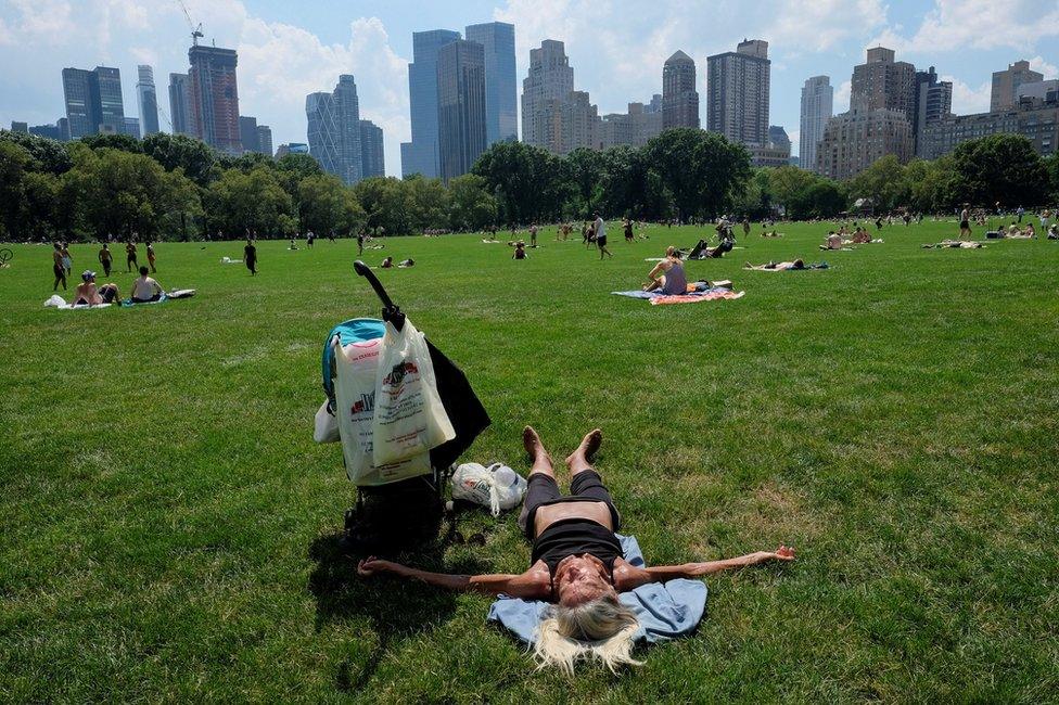 People sunbathe on a hot and sunny day at Central Park in New York, 17 July 2016.