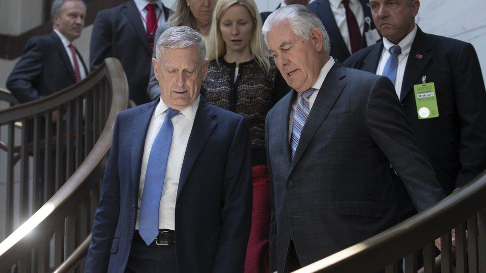 US Secretary of Defense James Mattis (Front L) and US Secretary of State Rex Tillerson (Front R) walk to the Senate Foreign Relations Committee closed briefing entitled "Authorizations for the Use of Military Force - Administration Perspective", on Capitol Hill in Washington, DC, USA, 02 August 2017.