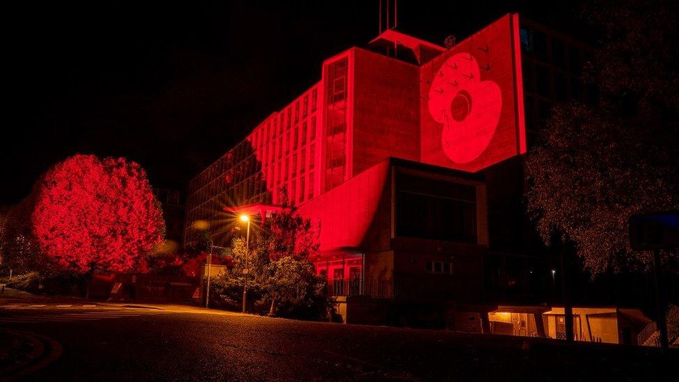 Durham's County Hall illuminated red