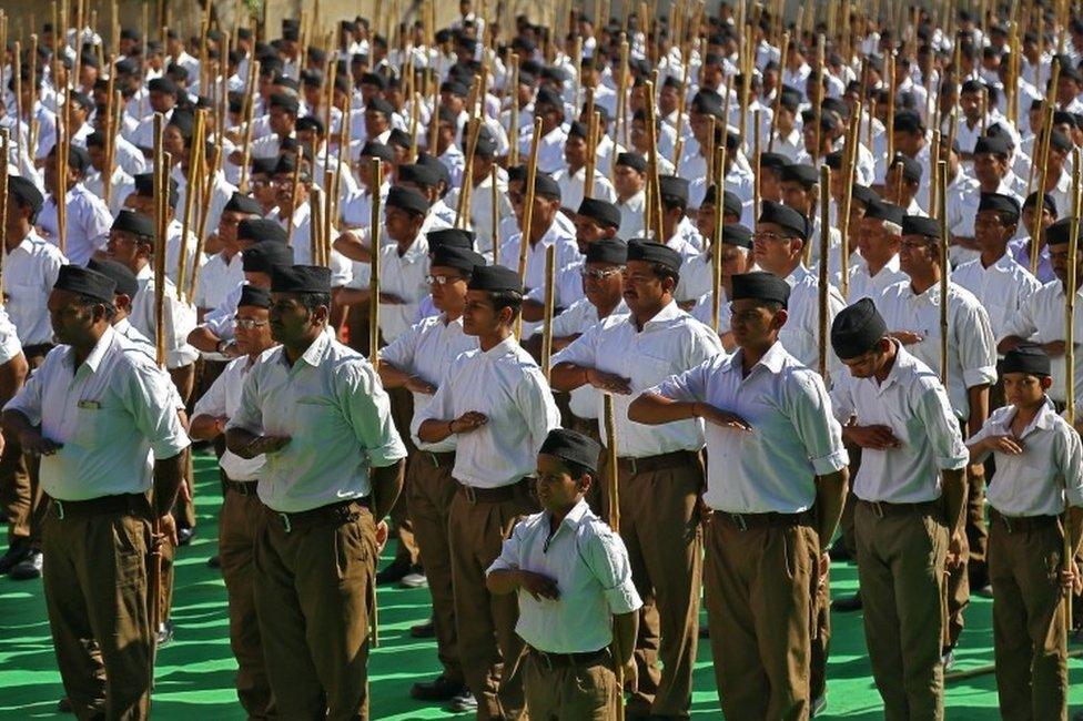 Volunteers of the Hindu nationalist organisation Rashtriya Swayamsevak Sangh (RSS) take part in the "Path-Sanchalan," or Route March during celebrations to mark the Vijaya Dashmi, or Dussehra, in Ajmer, India, September 30, 2017