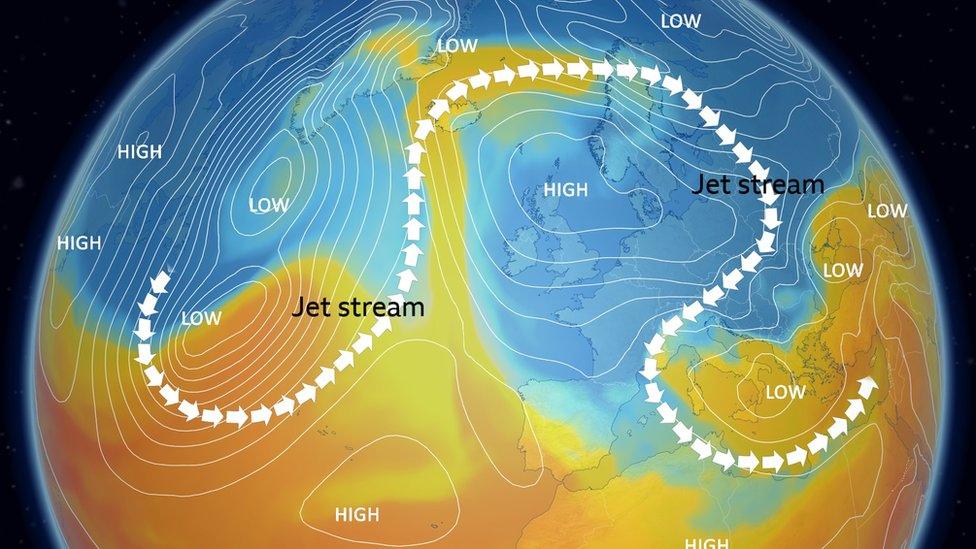 鶹Լ Weather schematic graphic showing the jet stream in the shape of an omega symbol surrounding the UK