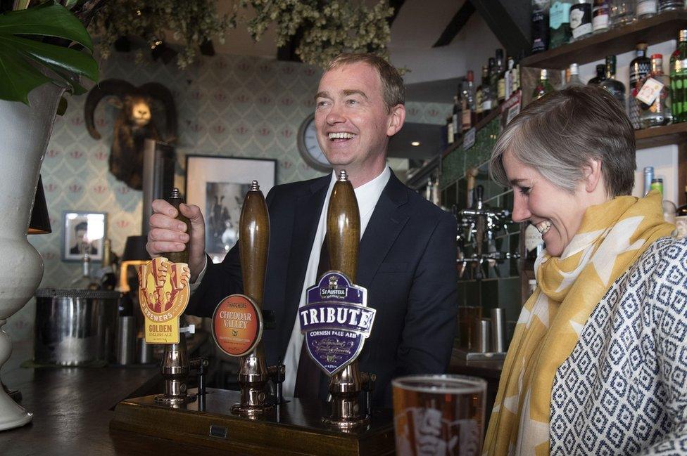 Tim Farron pulled a pint during a visit to The Kings Arms pub in St Albans,