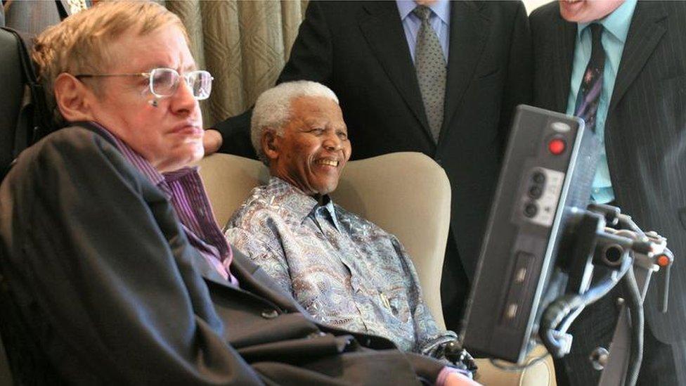 Hawking met many famous world figures, including Nelson Mandela in Johannesburg in 2008