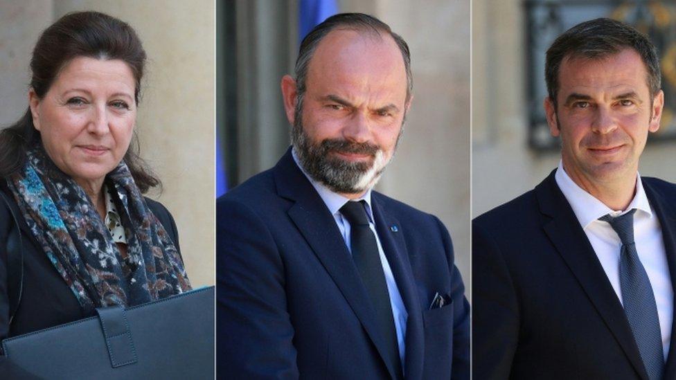 Agnès Buzyn (L), Edouard Philippe (C) and Olivier Véran