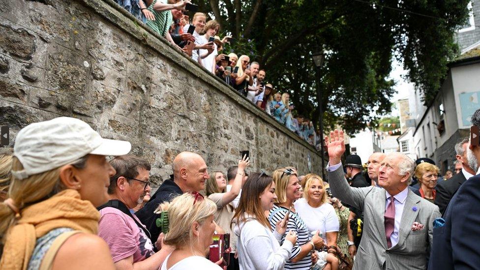 King Charles III meets members of the public during a visit to St Ives Harbour, Cornwall, to meet members of the Cornish community. Picture date: Thursday July 13, 2023