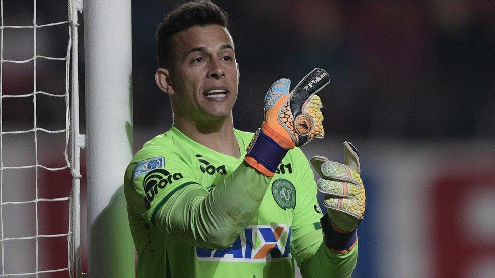 Brazil's Chapecoense goalkeeper Danilo gesturing during the Copa Sudamericana semifinal first leg football match, against Argentina's San Lorenzo on 2 November