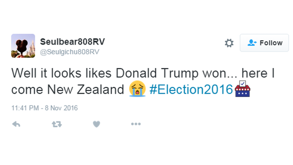 "Well it looks like Donald Trump won...here I come New Zealand", said this user