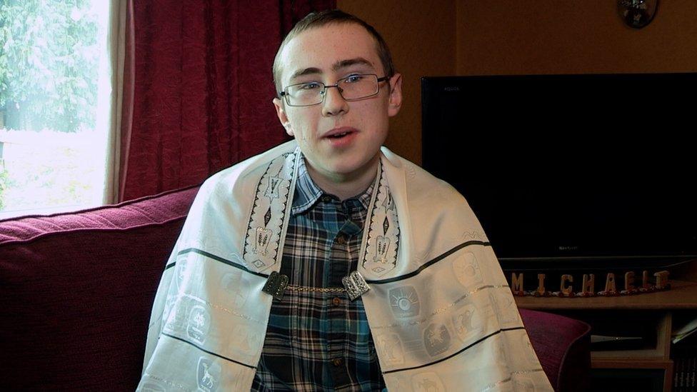 Michael wearing his tallit - the Jewish prayer shawl