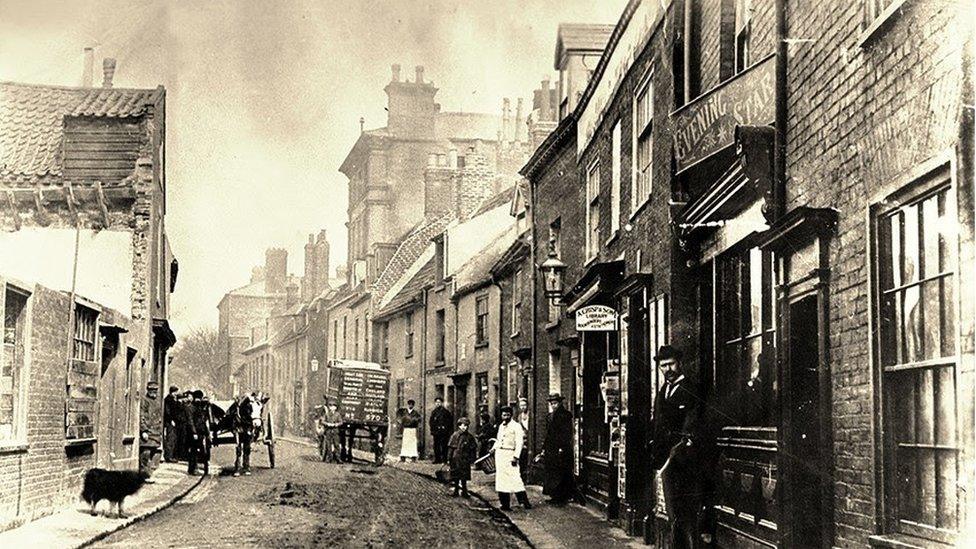 Lowestoft High Street looking north, 1897. The only building in this view still standing is Arnold House which can be seen in the far distance.