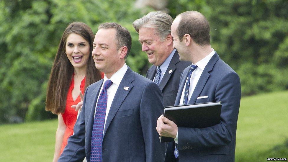 Hope Hicks with Reince Priebus, Steve Bannon and Stephen Miller