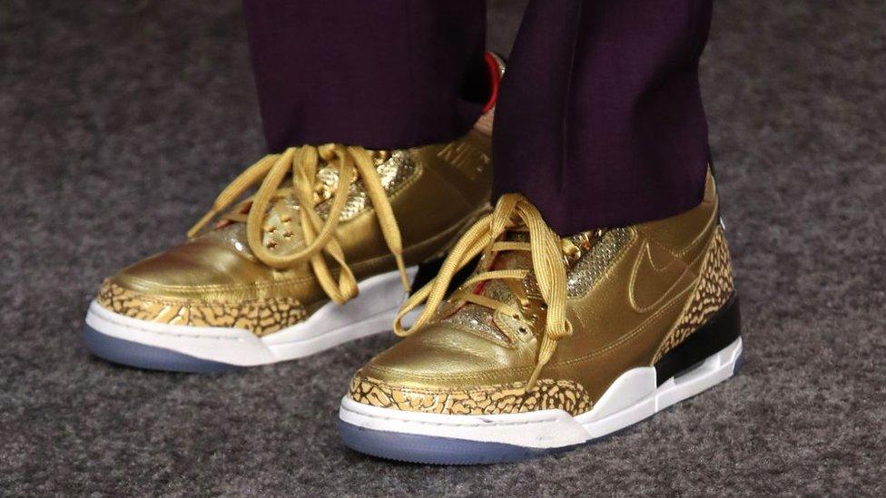 A close up of shoes worn by Spike Lee, winner of Best Adapted Screenplay Award for 'BlacKkKlansman', in the press room at the 91st Annual Academy Awards at Hollywood and Highland on February 24, 2019 in Hollywood, California.