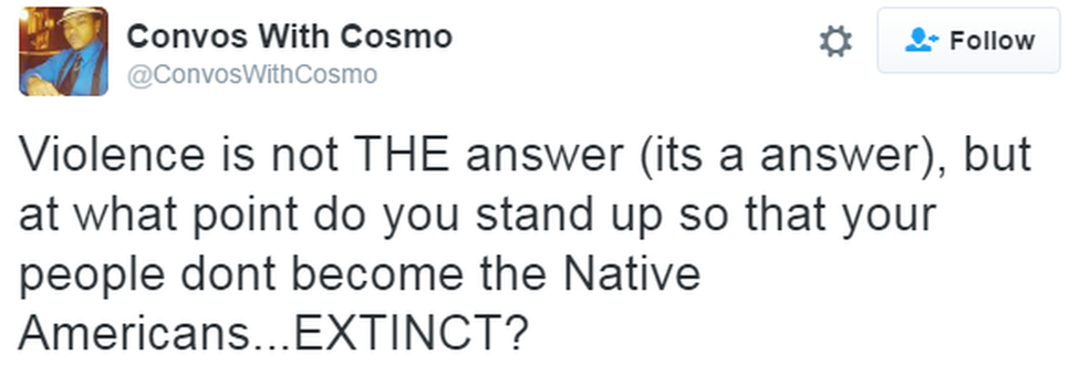 A tweet reads: "Violence is not THE answer (its a answer), but at what point do you stand up so that your people dont become the Native Americans...EXTINCT?"