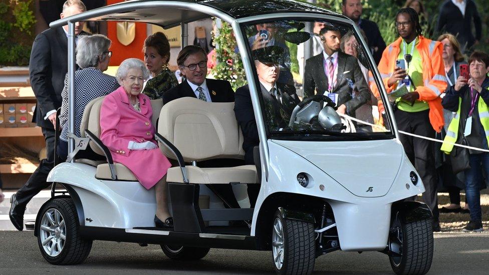 Queen in buggy at Chelsea Flower Show