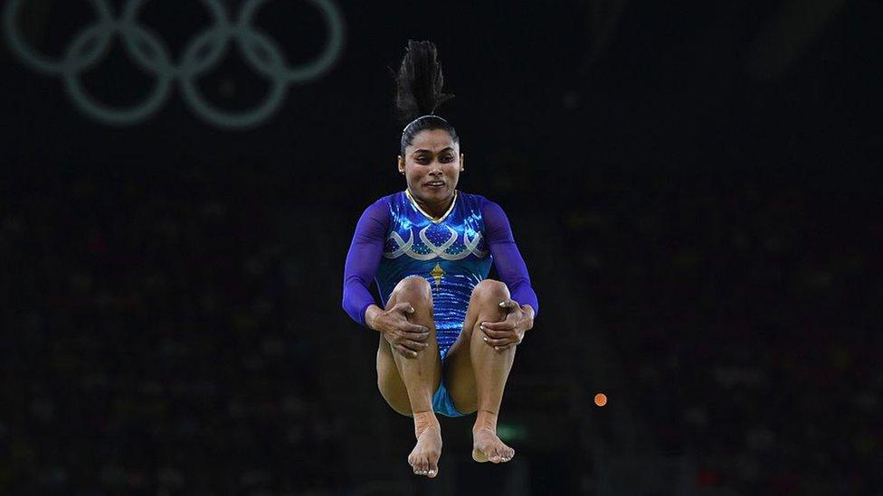 Dipa Karmakar of India falls while competing in the Women's Vault Final on Day 9 of the Rio 2016 Olympic Games