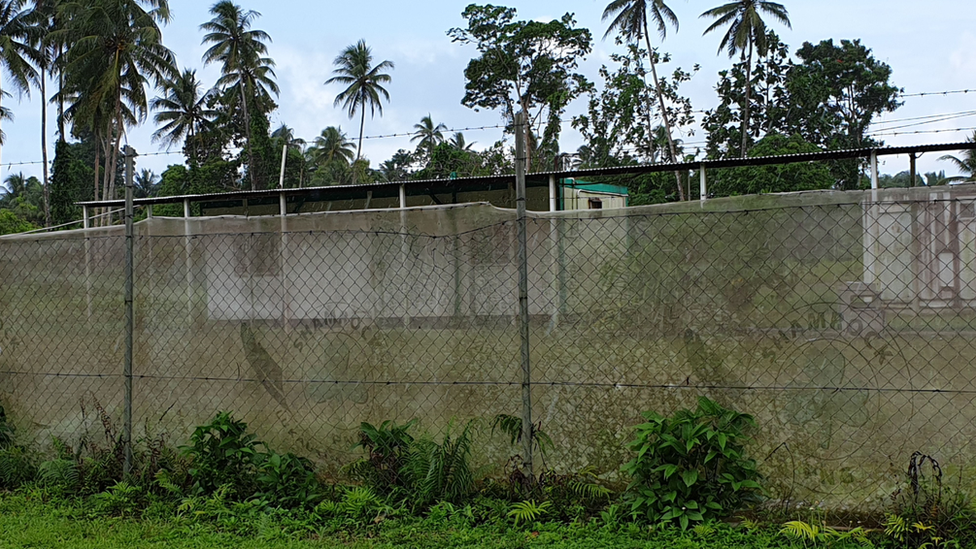 A barbed wire fence outside an asylum seeker compound on Manus Island