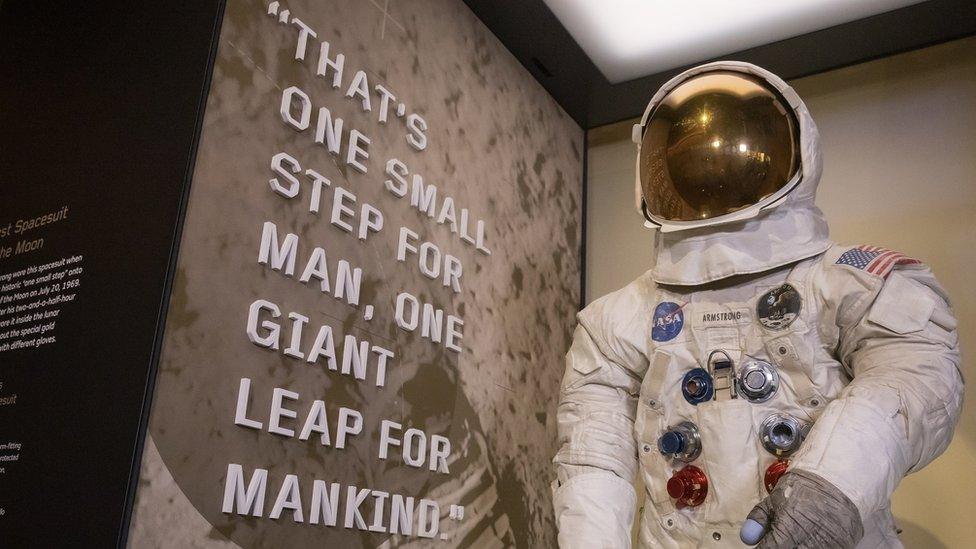 US astronaut Neil Armstrong"s Apollo 11 spacesuit on display at the Smithsonian National Air and Space Museum