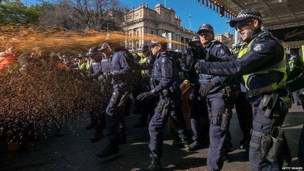 Police use pepper spray on anti "Reclaim Australia" protesters during a rally on July 18, 2015 in Melbourne, Australia