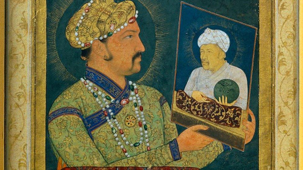 Portrait of Akbar (1542-1605) holding the portrait of his father. Paris, musee Guimet