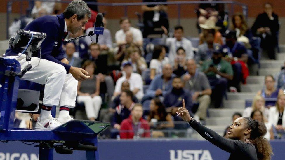 Serena Williams of the United States reacts to umpire Carlos Ramos