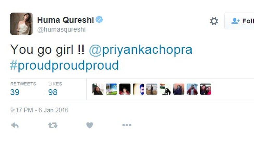 Huma Qureshi: You go girl !! @priyankachopra #proudproudproud