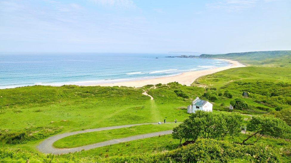 A panoramic view of the coastline along Northern Ireland's north coast