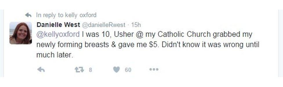 Tweet reads: I was 10, Usher @ my catholic church grabbed my newly forming breasts & gave me $5. Didn't know it was wrong until much later