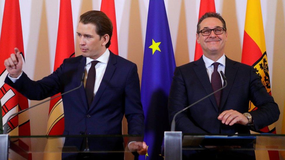 Austria's Chancellor Sebastian Kurz and Vice Chancellor Heinz-Christian Strache address the media after a cabinet meeting in Vienna, Austria,