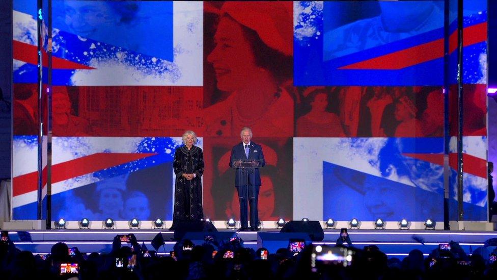 Prince Charles and Camilla on stage