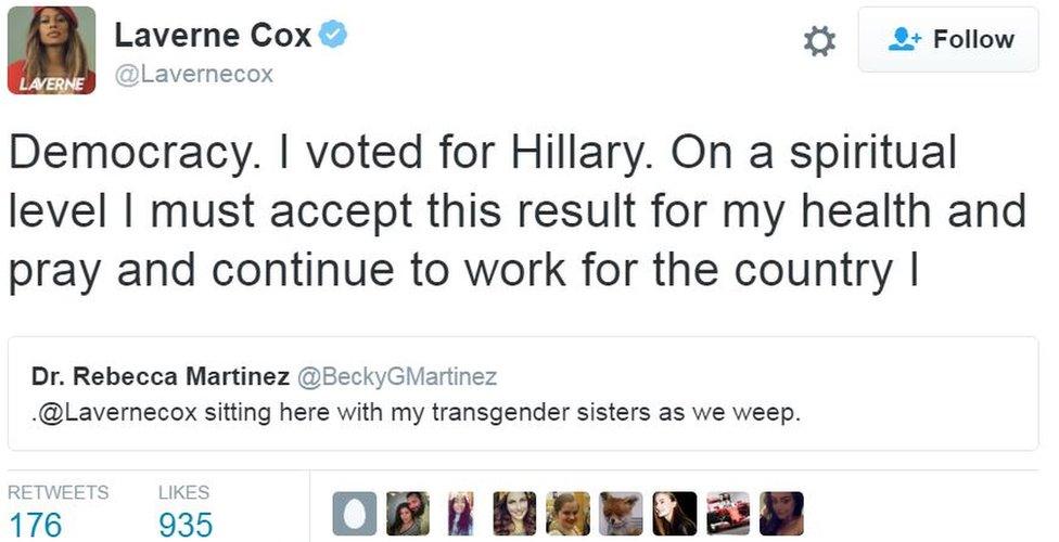 Tweet saying "Democracy. I voted for Hillary. I must accept this result"