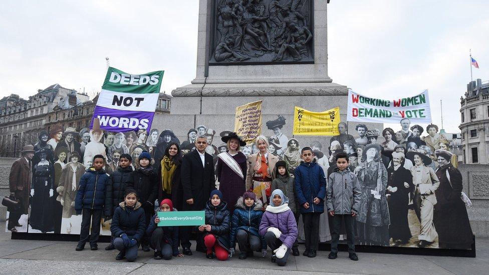 The opening of an exhibition in Trafalgar Square marking 100 years of the women's vote