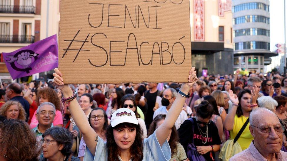 People protest against Royal Spanish Football Federation President Luis Rubiales - Plaza Callao, Madrid, Spai