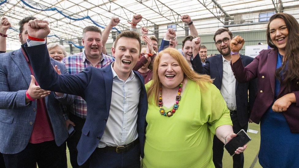 Newly elected Alliance Party of NI MLA Eoin Tennyson with his party leader Naomi Long