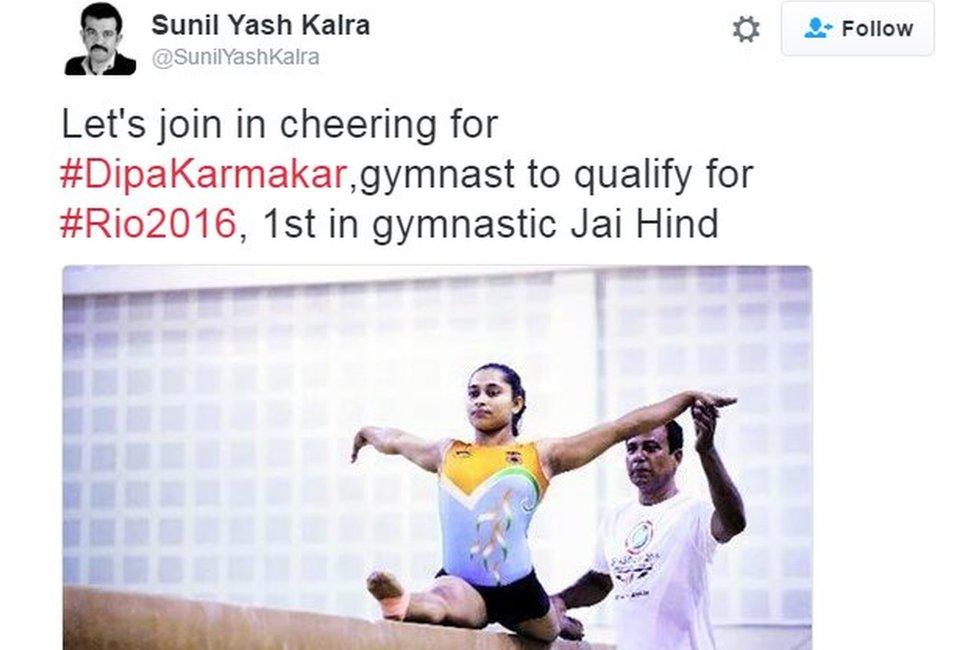 Let's join in cheering for #DipaKarmakar,gymnast to qualify for #Rio2016, 1st in gymnastic Jai Hind