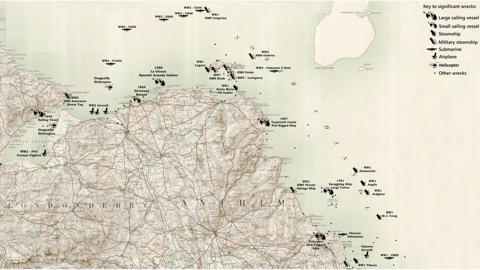 Aircraft and shipwrecks off the coast of Northern Ireland are recorded and mapped