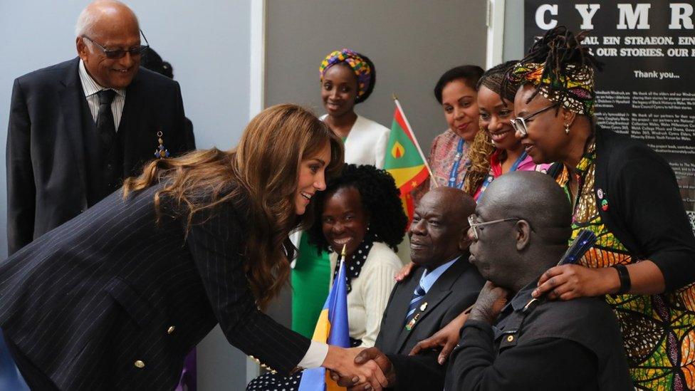 Prince and Princess of Wales at the Grange Pavilion meeting Windrush elders