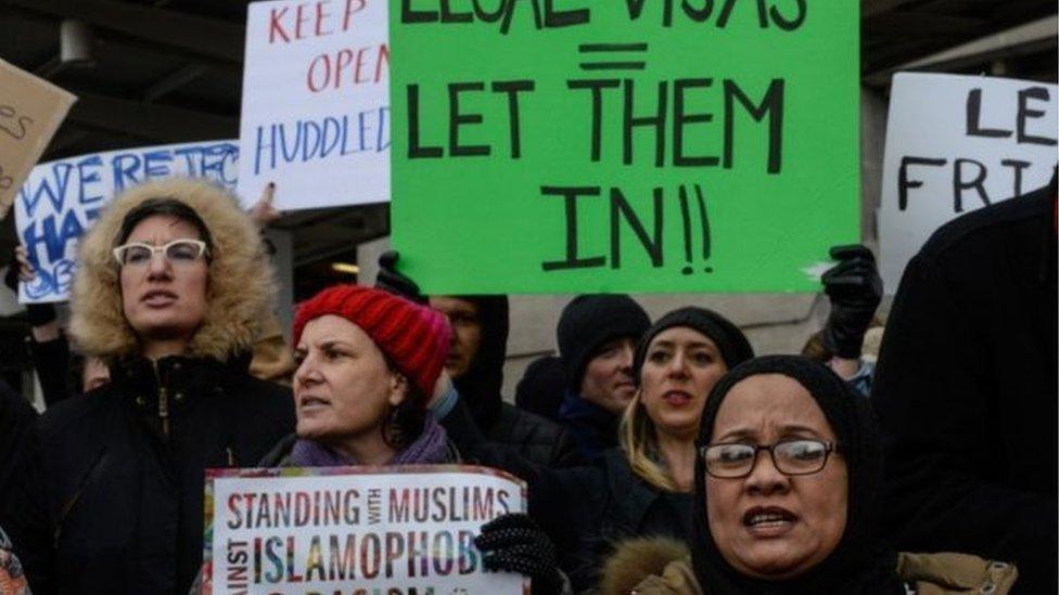 Protesters at New York's John F. Kennedy International Airport called the crackdown Islamophobic