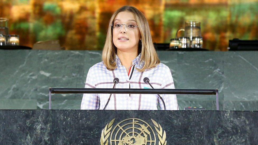 Millie Bobby Brown speaking at the United Nations in New York